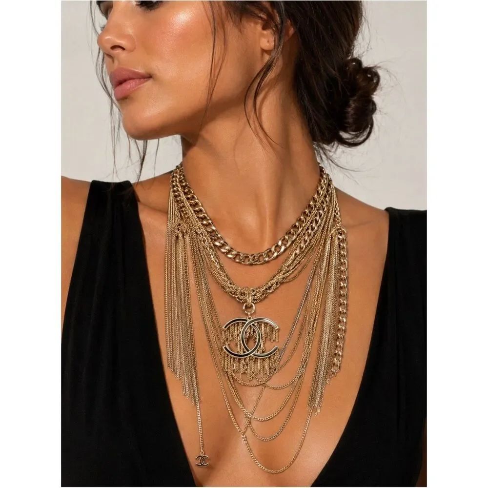 Chanel CC Multilayer  Metal Necklace Choker With Box
